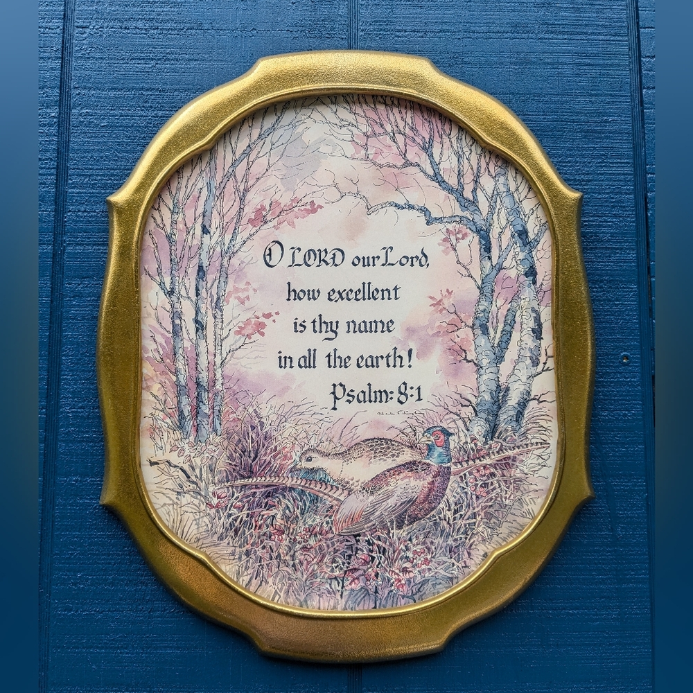 Vintage HOMCO Bird Pheasants Home Interior Picture Psalm 8:1 Signed Bible Verse